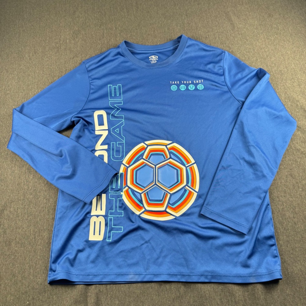 Athletic Works Boys Blue Soccer Graphic Long Slv Performance Tee L‎ 10-12 Husky